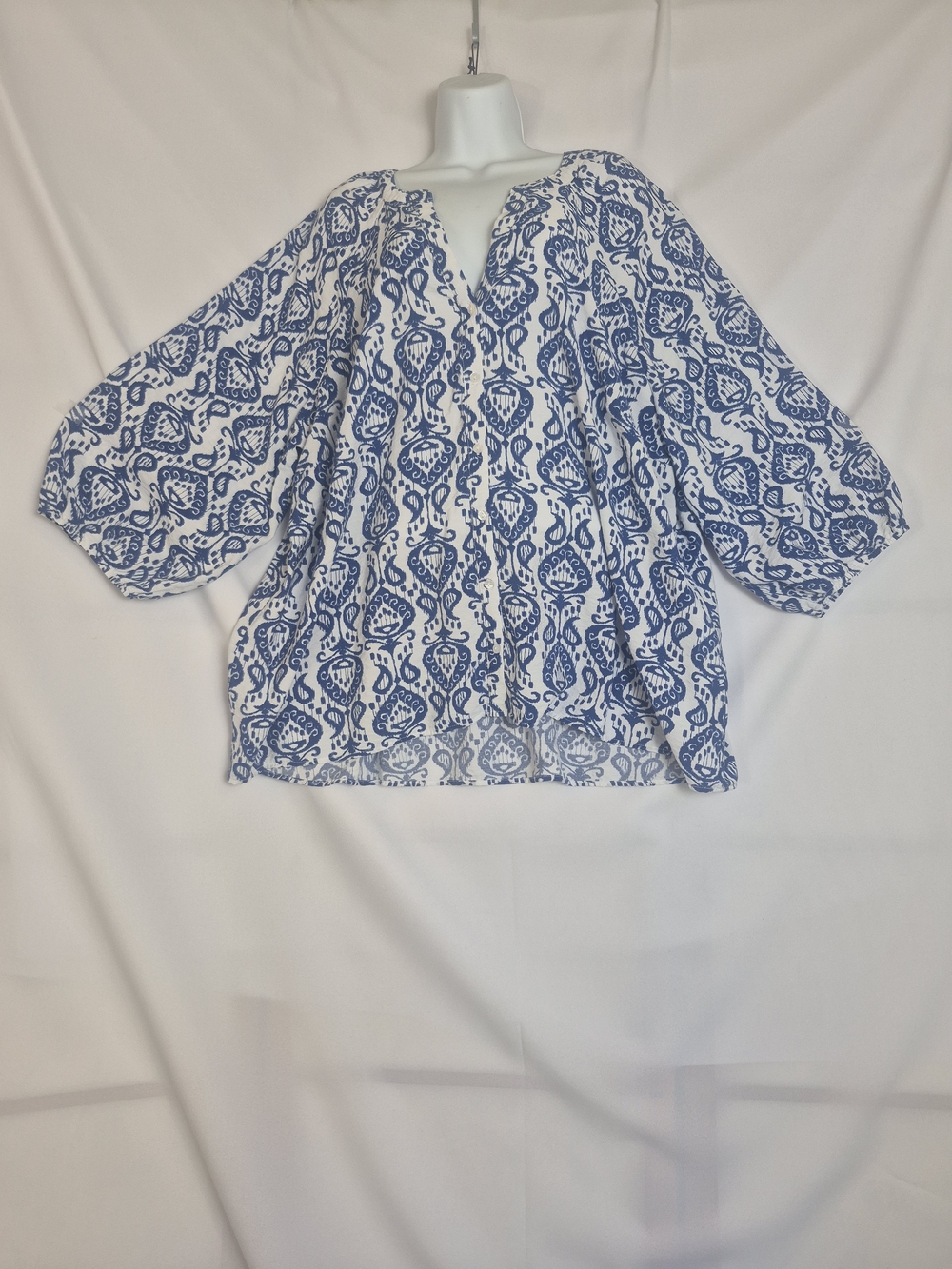 Fred David White and Blue Printed Peasant Blouse